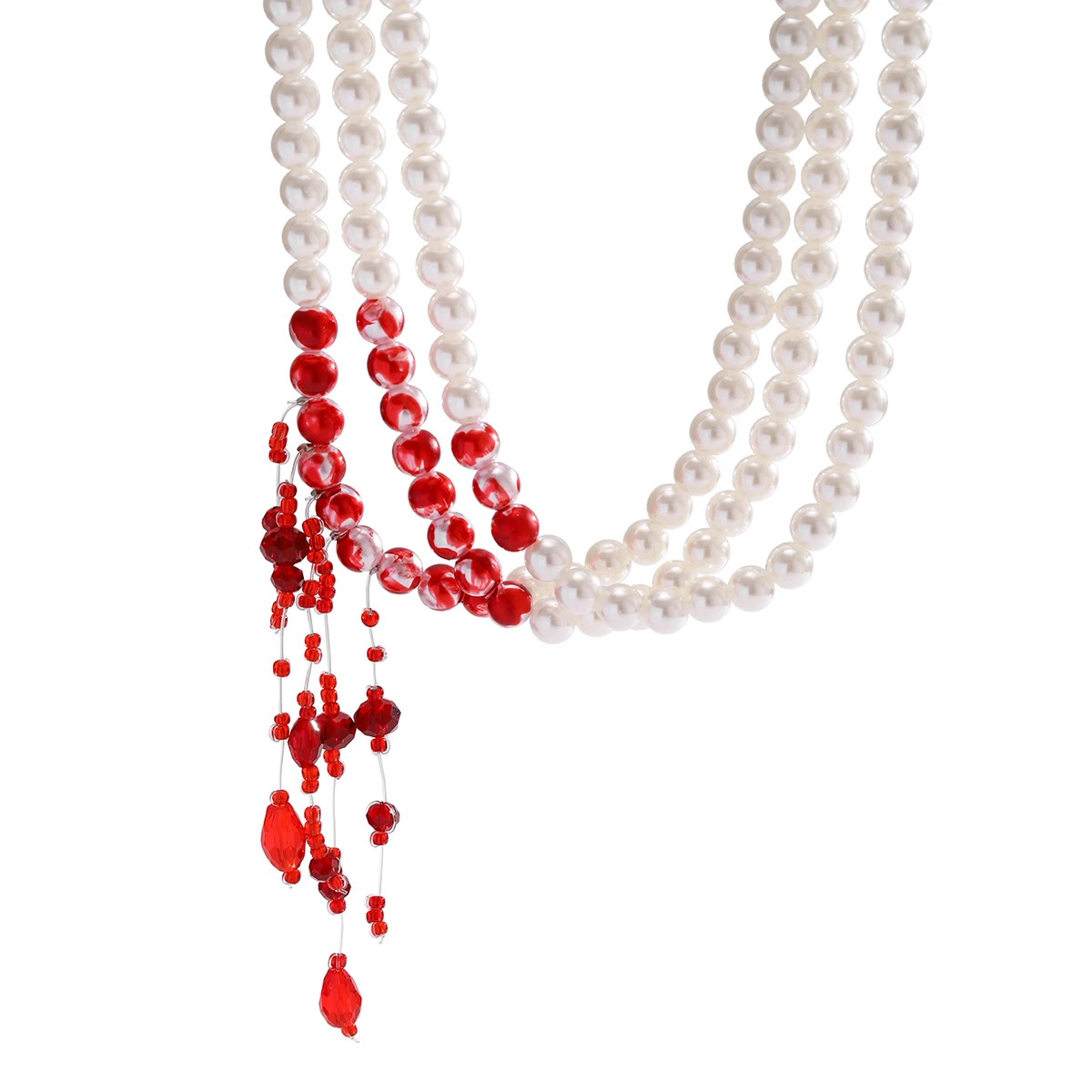 PuRui Gothic Mehrschichtige Imitationsperlen-Anhänger-Halskette für Frauen Rote Blutkristallperlen Quasten-Choker Halloween-Party-Schmuck – Detail 10