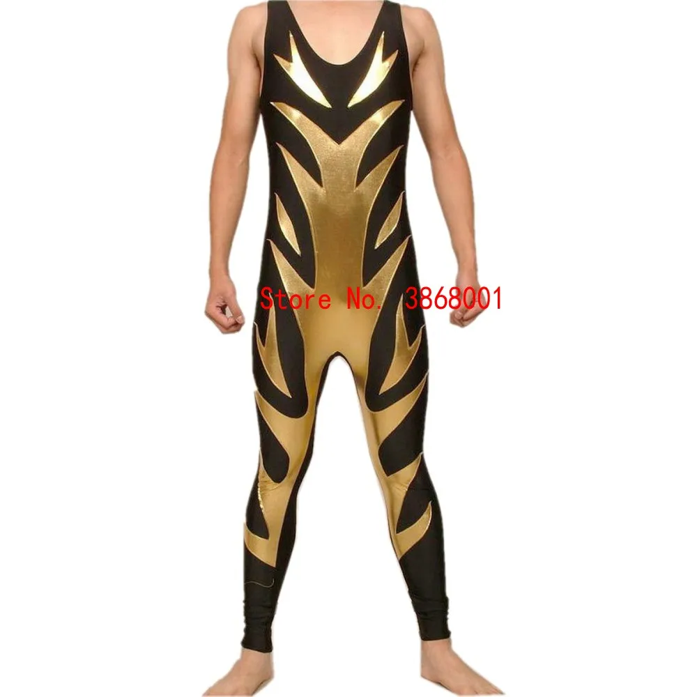 

Men's Costumes Black/Gold Lycar Spandex Wrestling Catsuit Costume Unisex Outfit Halloween Party Fancy Dress Cosplay Bodysuit