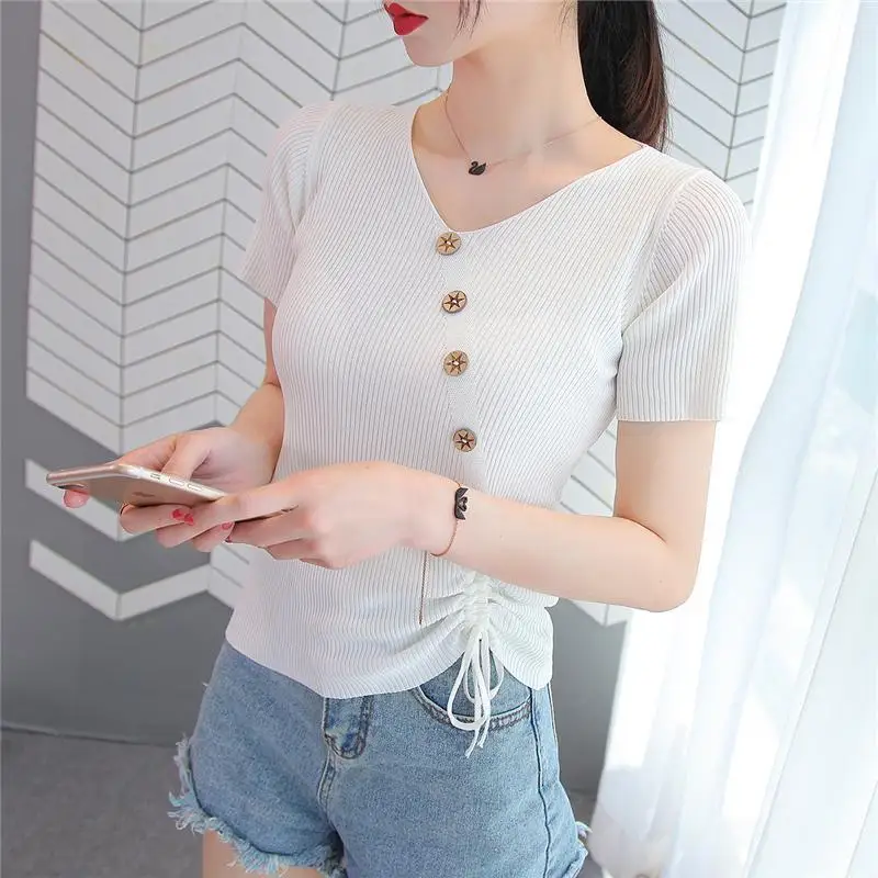 Mode Effen Kleur Knop Losse Bandage Boog Shirring Blouse Vrouwelijke Kleding 2023 Zomer Nieuwe Casual Truien Asymmetrische Shirt