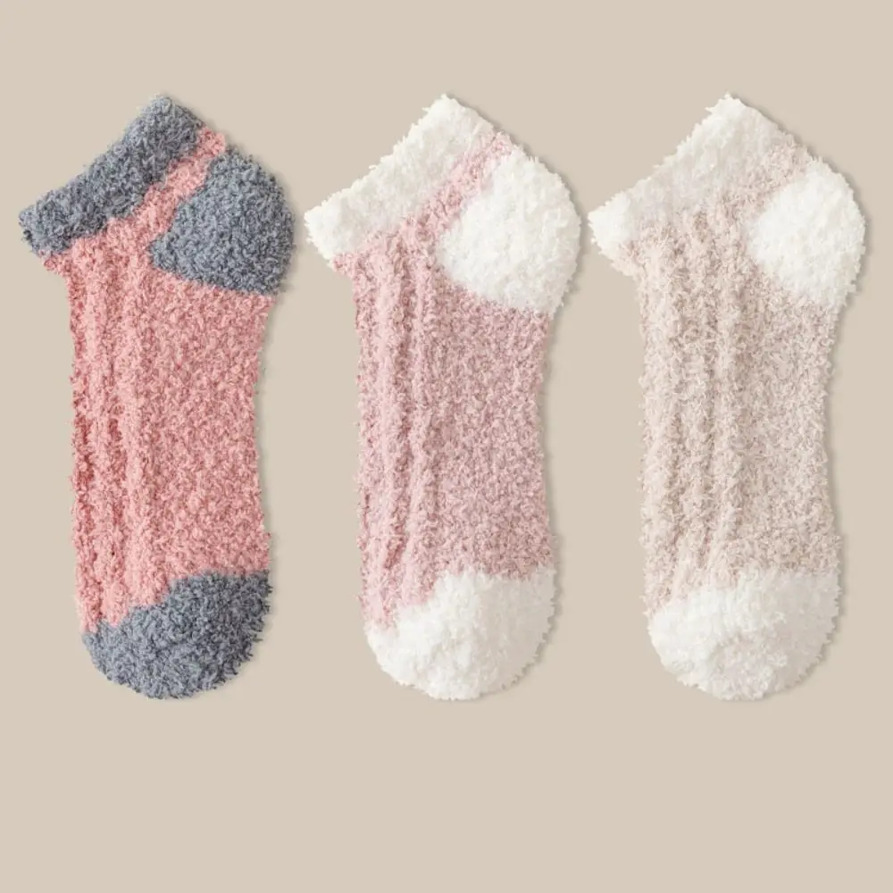 3Pairs Cute Thickened Coral Fleece Socks Patchwork Sleeping Floor Plush Socks Hosiery Simple Warm Boat Socks Women Autumn