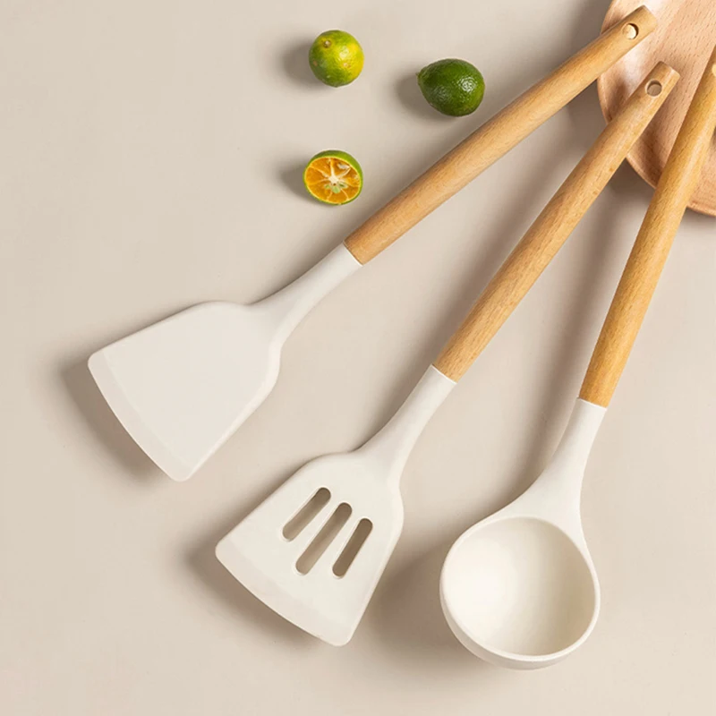 Heat Resistant Wooden Handle Spatula Soup Spoon Skimmer Home Cooking Spatula Non-Stick Cooking Set Kitchen Utensils