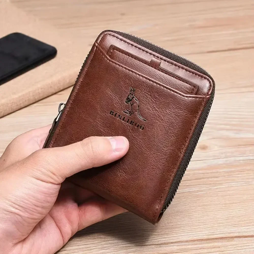 

New Men Leather Wallet Business Credit Card Holder Blocking Pocket Coin Purse Zipper Wallet Male High Quality