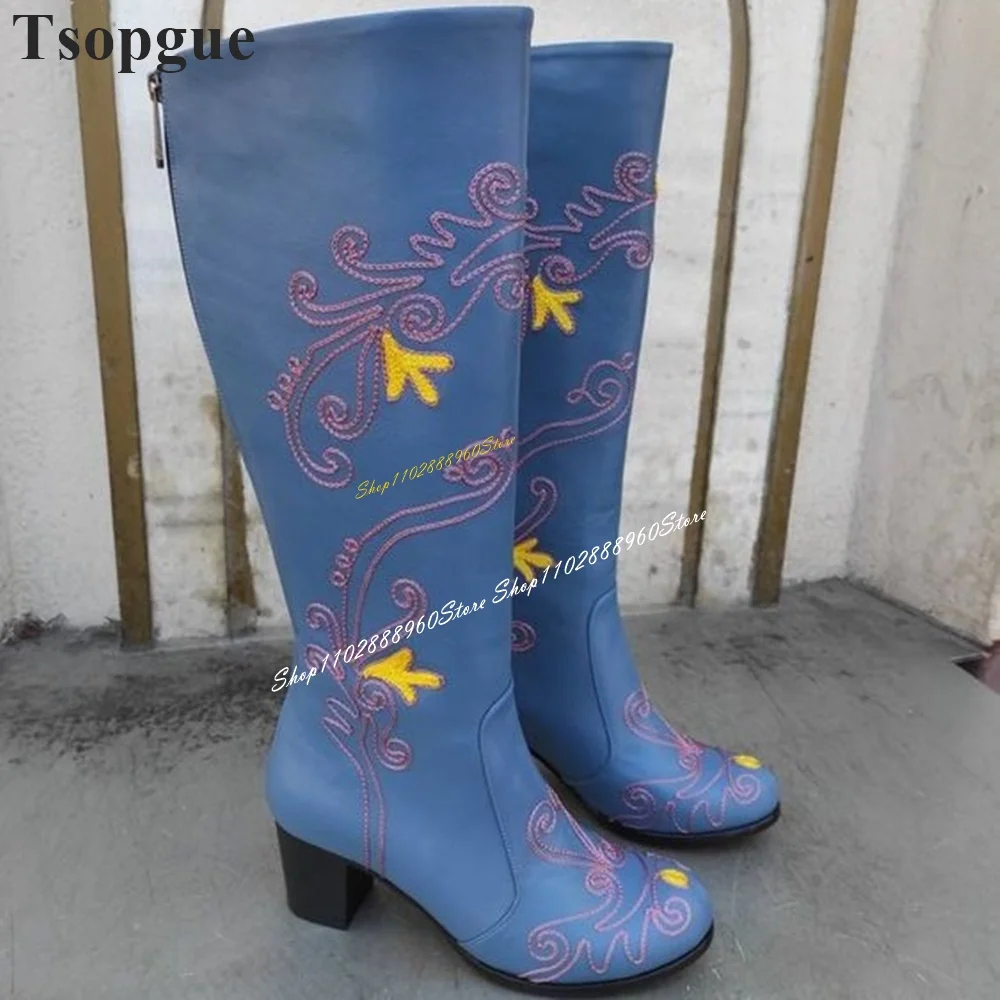 Trendy Knee High Blue Flower Print Boots Thick Heel Shoes For Women Back Zipper Round Toe 2024 Fashionable Zapatos Para Mujere