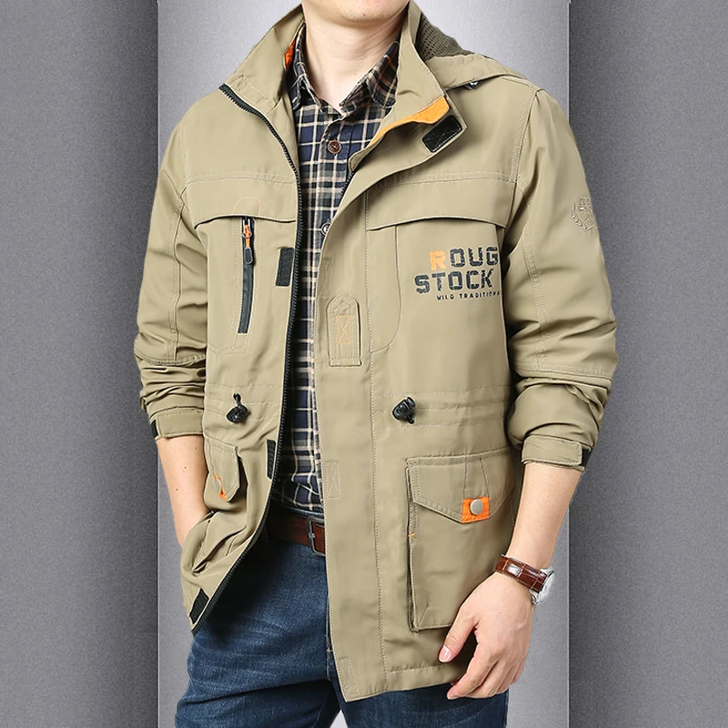 

Spring Autumn Jacket Thin Outerwear Men Loose Multi Pocket mid Length Outdoor Workwear Upper Body Warm Fashionable City Style