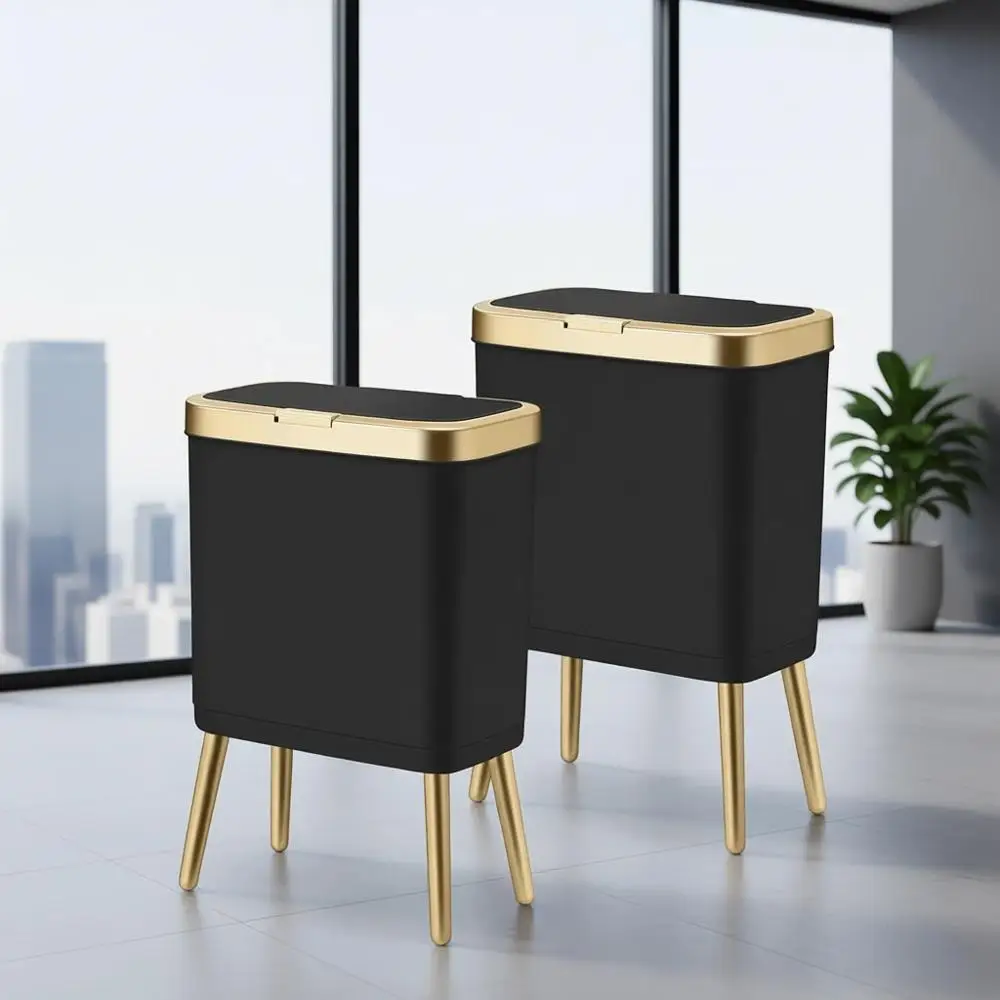 

4 Gallon Gold-Tone Trash Can with Lid and Push Button for Bathroom, Kitchen, and Toilet (Black, Set of 2)