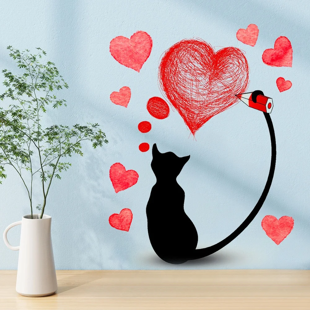 Decorative Wall Decal with Black Cat and Heart for Valentine Day Made from PVC Suitable for Living Room and Bedroom