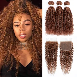 Tissage en Lot Brésilien Naturel Remy avec Closure, Cheveux Crépus Bouclés, Couleur Marron, Extension Capillaire, 4 Tages