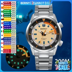 BERNY Automatische Taucheruhren für Herren, 20 AMT, superleuchtende mechanische Herren-Taucheruhr, Saphirglas, komplett aus Edelstahl