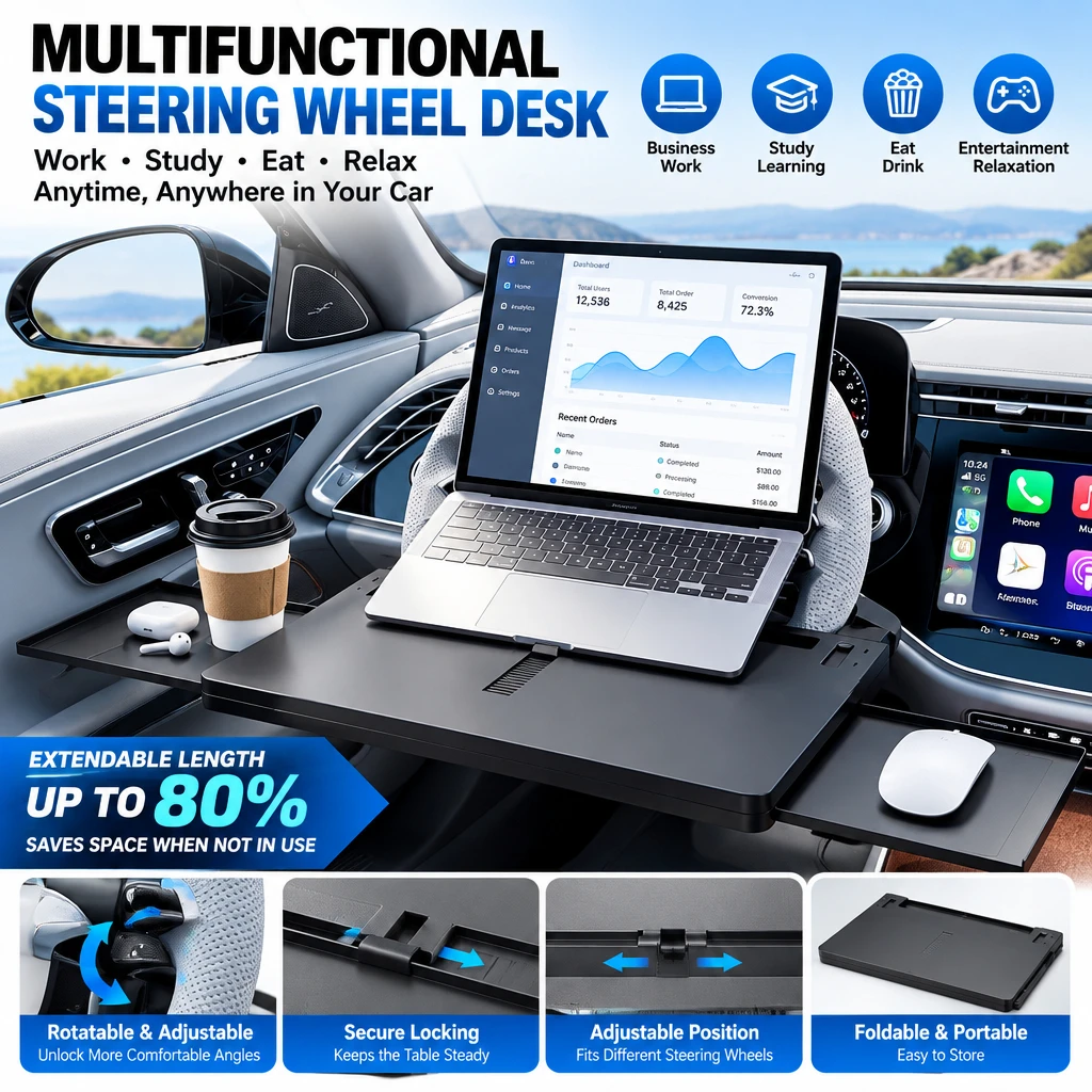 Carbon Fiber Car Steering Wheel Table Desk, One‑Click Split Storage Car Laptop Stand, Adjustable Auto Steering Wheel Tray