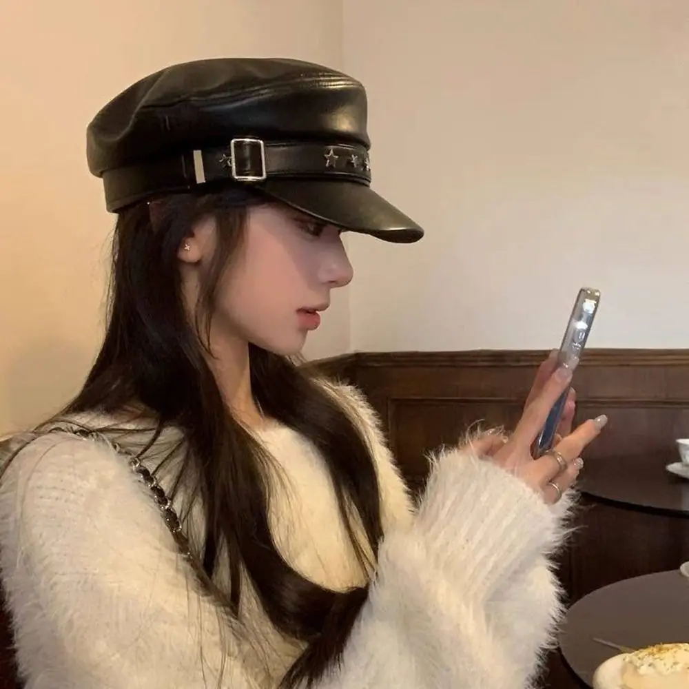 

Casual Star Pu Leather Beret Korean Style British Style Octagonal Hat Newsboy Cap Flat Top Painter Hat Autumn