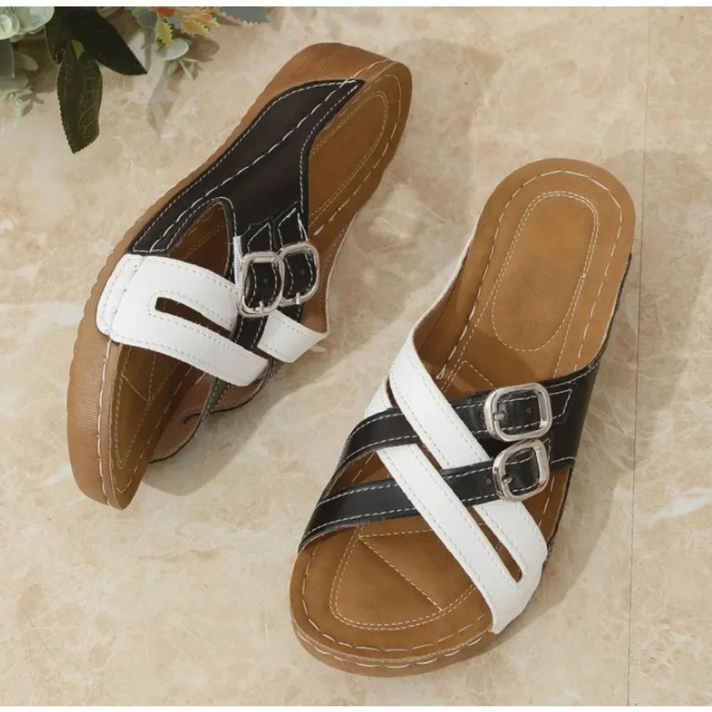 

Half Drag Buckle Flat Bottom Cork Slippers and Women Outdoor Beach Home Color Matching Versatile Summer Lazy Flat Bottom