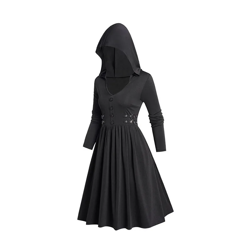 

Women Black Dresses Buckle Gothic Hooded Dress Plain Color Long Sleeve A Line Casual Dress Goth Dresses