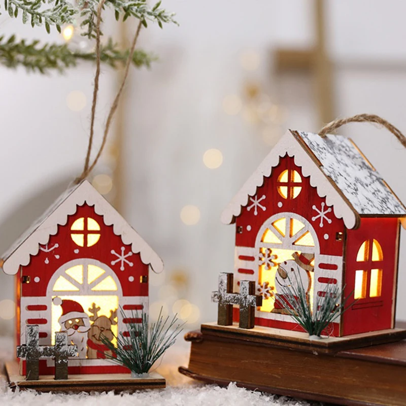 Mini maisons de noël en bois éclairées par LED, ornements de Table de scène de Village de neige d'hiver, décorations de fête