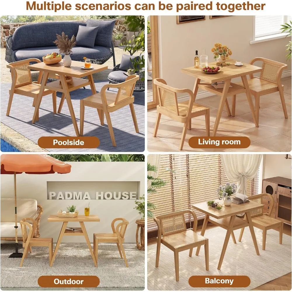 Bistro Stacking Table Chair Set of 3, Wood Rattan Small Dining Table & Chair Set, Nesting Table Chair Set for Tavern, Balcony,