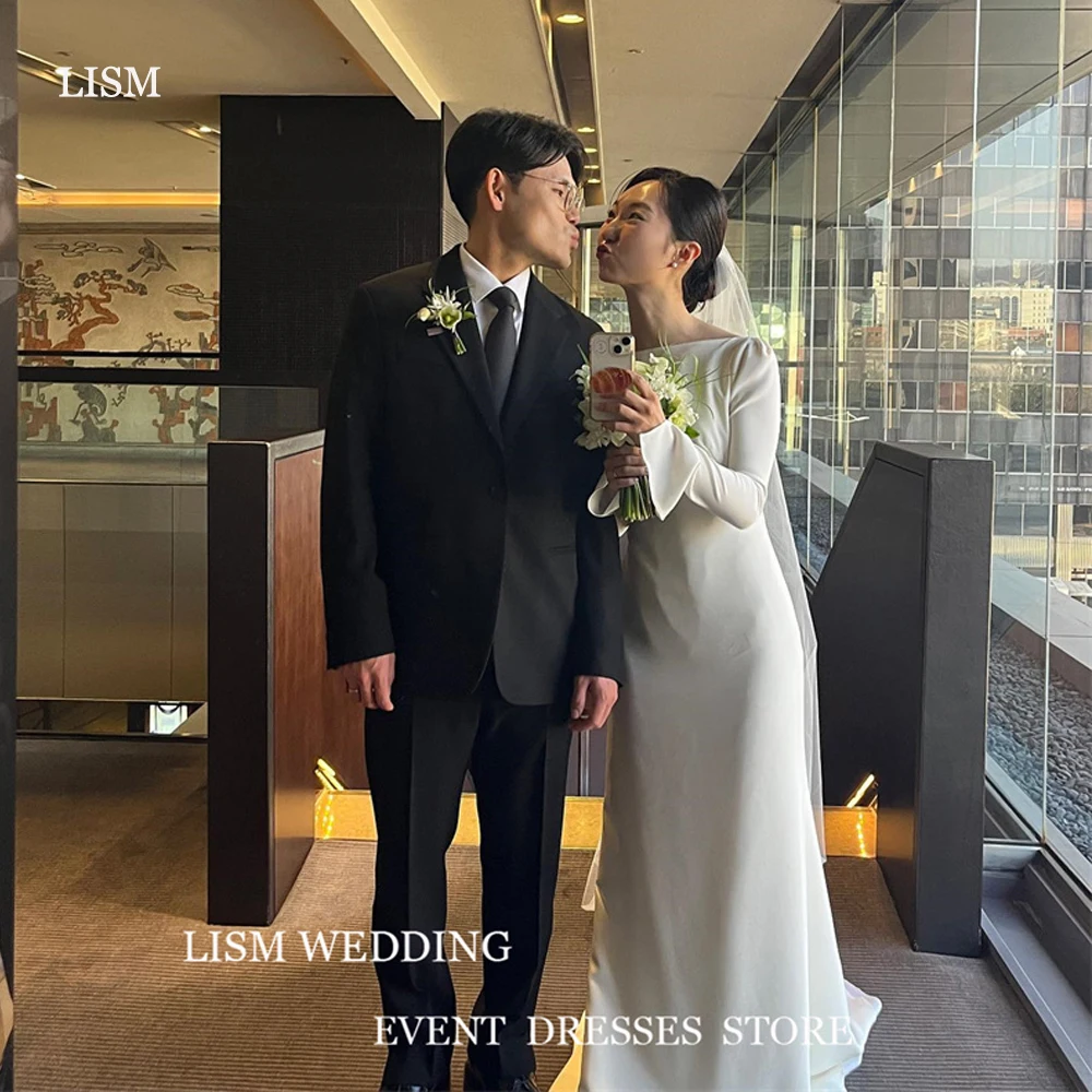

LISM Simple A Line Wedding Dresses Korea Photoshoot Long Sleeves Soft Satin Bateau Neck Floor Length Bridal Gowns Fomral Party