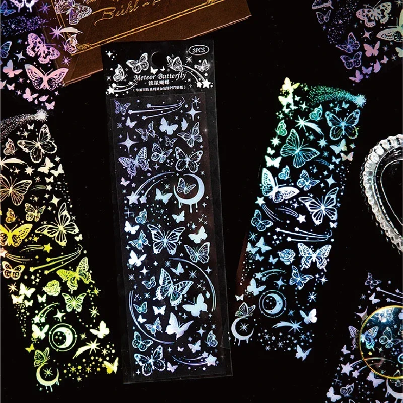 3 أوراق بطاقة الزهور سجل القصاصات ملصقات لامعة عاكسة الليزر الحدود الكولاج الفراشات الزخرفية المواد 215*70 مللي متر #2