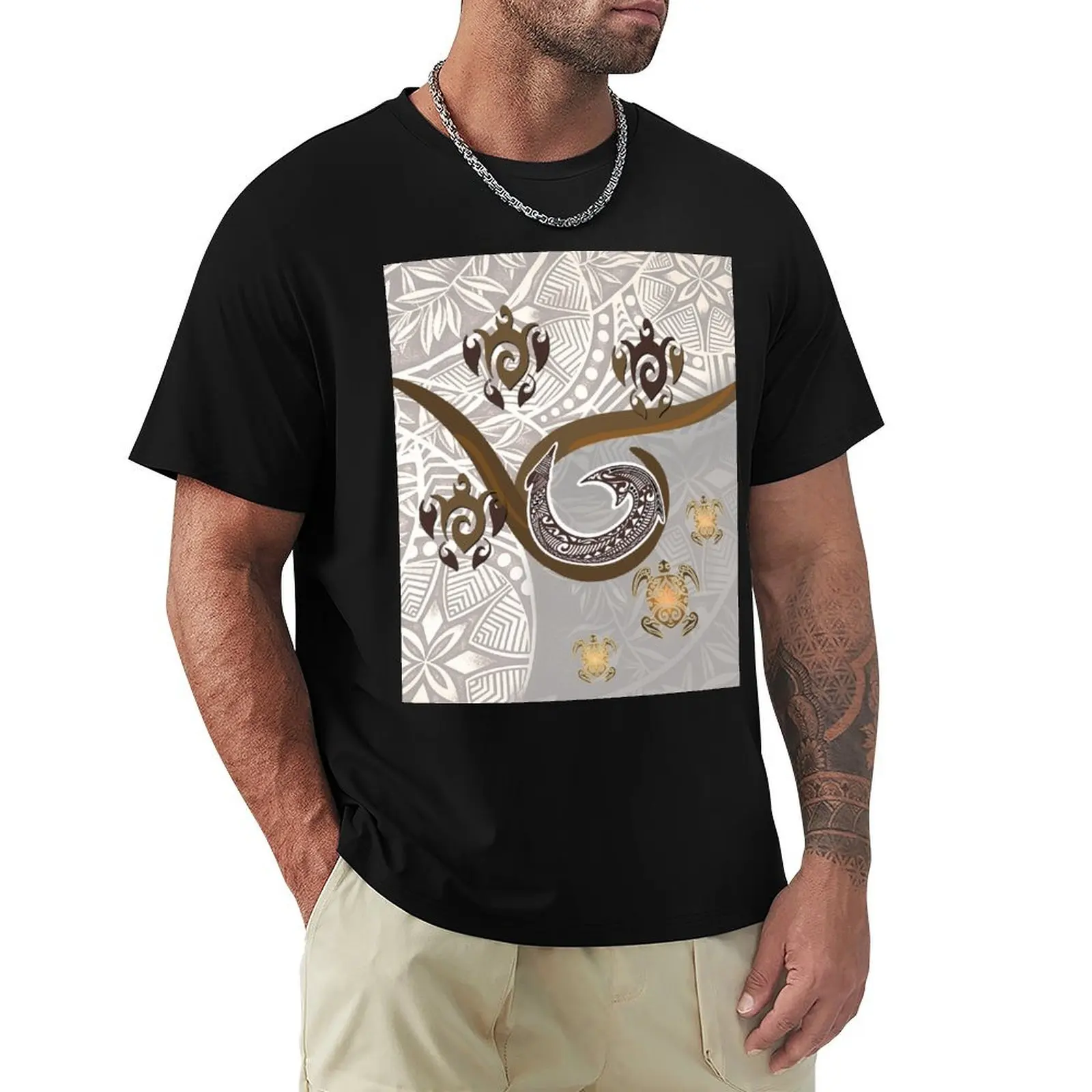 

Tonal Fish Hook Hawaiian Tapa T-Shirt graphics oversized graphic tee Luxury man essential t shirt funny t shirts men
