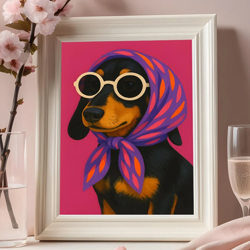 Dog Wear Sunglasses Carrying Square Scarves Poster Animal Art Canvas Paintings Wall Murals Picture for Bedroom Bar Decoration