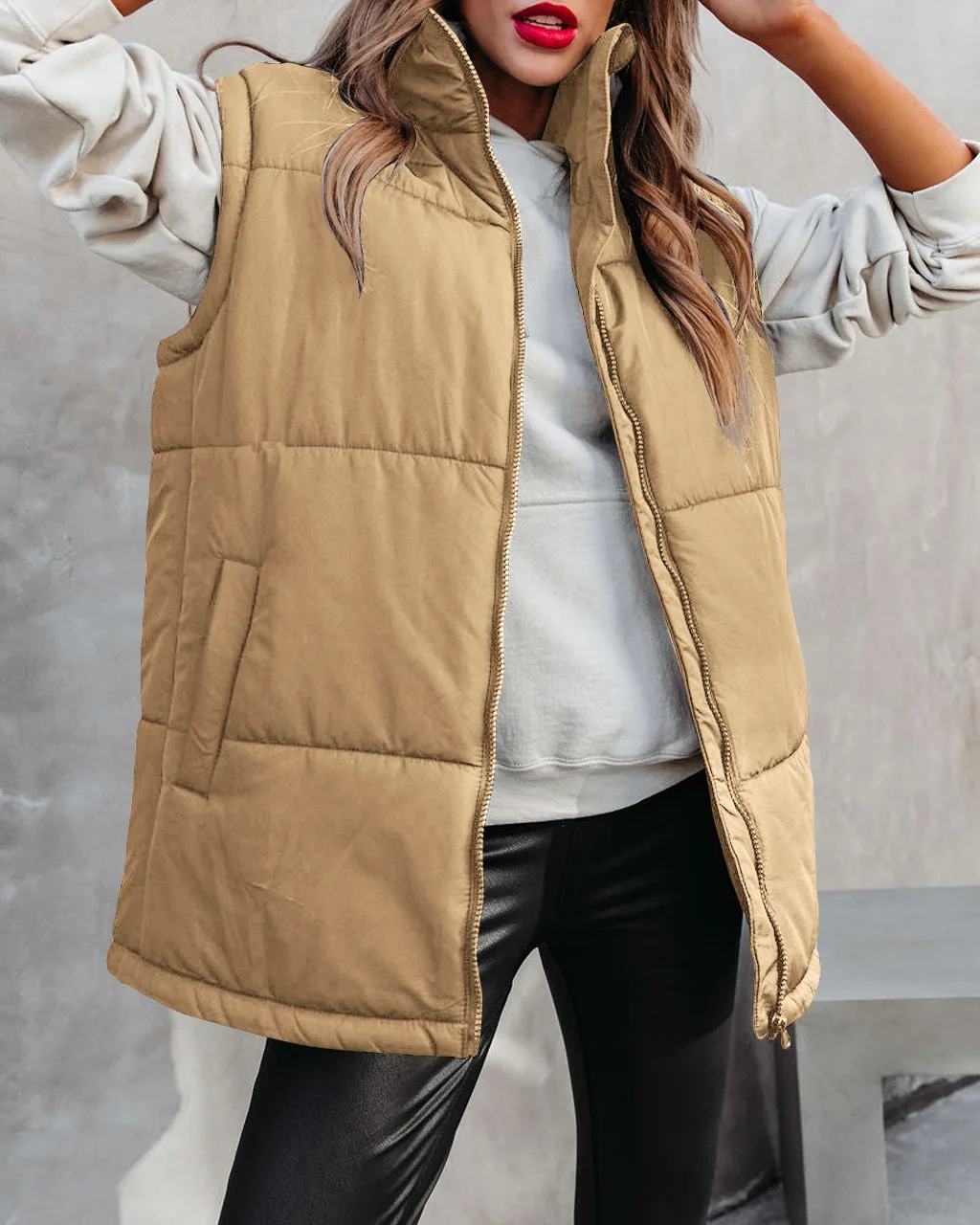 

Autumn Winter New Women's Clothing Solid Color Zipper Fashion Warm Jacket Stand Collar Cotton Padded Coat Vest