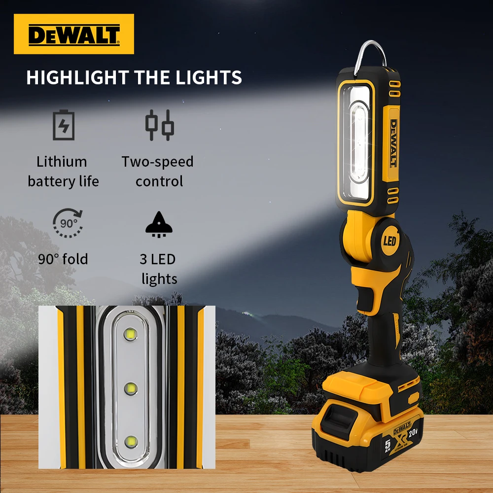 Dewalt LED Work Light 90°Rotating Portable Handheld Flashlight Hook Rechargeable 20V Battery Outdoor Camping Light