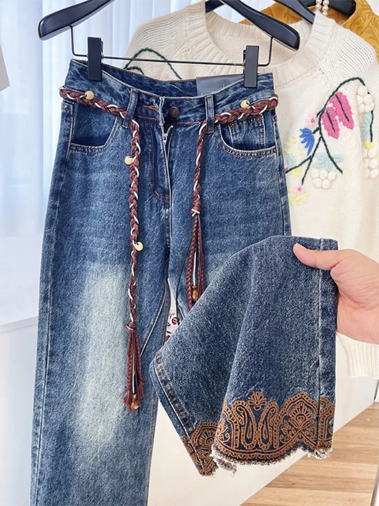 

Американские ретро-джинсы с кружевными вставками и шнурком, прямые, женские, весна-осень, с высокой талией, свободные, широкие штанины