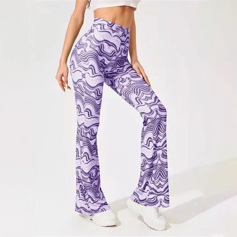 Women Yoga Flared Leggings Gym High Waist Flare Pants Plus Size Wave Printed Fitness Latin Dance Wide Leg Pants Training Trouser