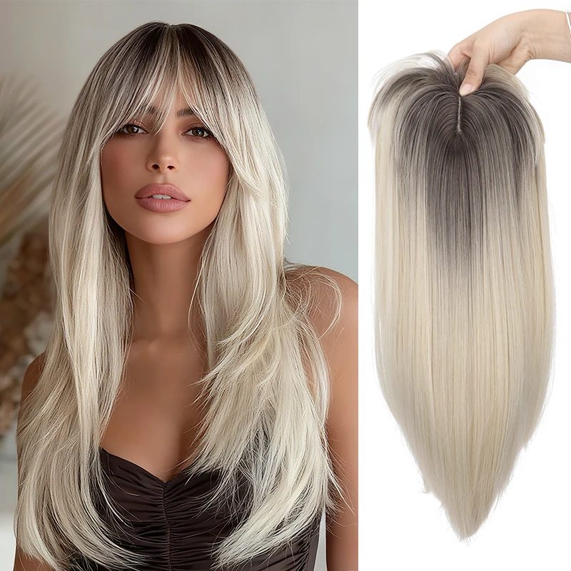 Hair Topper for Women with Bangs: 3D 360° Fluffy Cover Long Straight Synthetic Hair Piece for Thinning Hair, Golden with Dark