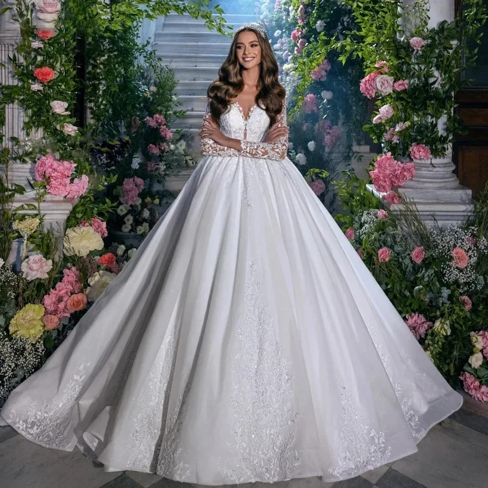 

New A-line Wedding Dress 2026 Scoop Neck Long Sleeve Lace Appliques Sequins Church Bridal Bride Gowns Vestidos De Noiva