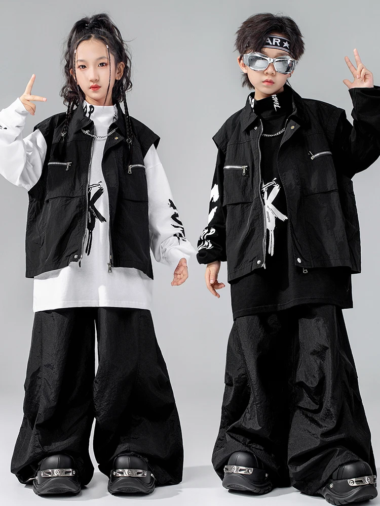 Hip Hop Tanzkostüm Kinder Schwarz Jazz Performance Outfit Oversize Top Shuffle Hose Jungen Mädchen Mode Street Dancewear 4612