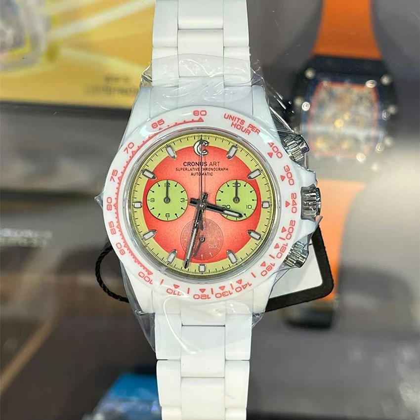 CRONUSART Men Chronograph Watch 40mm Automatic Mechanical Wristwatch Ceramic Case Luminous Sapphire Mirror Ceramic Strap
