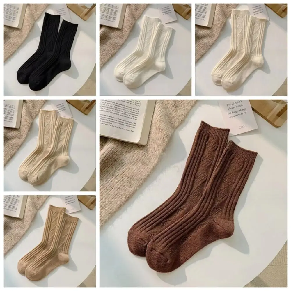 3Pairs Cute Stripe Wool Lattice Socks Soft Sweet Plush Socks Winter Pile Up Sleeping Socks Women Women