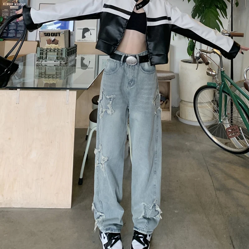 

High Stree Baggy Jeans Women New High Waist Vintage Washed Pentagram Hiphop Zipper Button Casual Long Wide-leg Pants