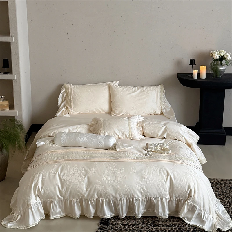 

Vintage Embossed Jacquard Lace Ruffles Bedding Set 1000TC Egyptian Cotton Duvet Cover Flat/Fitted Bed Sheet Pillowcases 4Pcs
