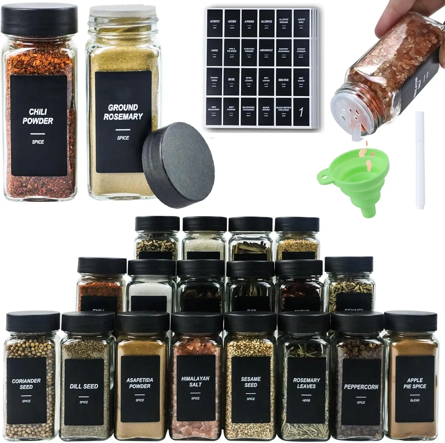 

48Pcs Spice Jars Containers with Labels，4oz Black Seasoning Bottles with Shaker Lids for Rack, Cabinet, Drawer,Empty Square Cond