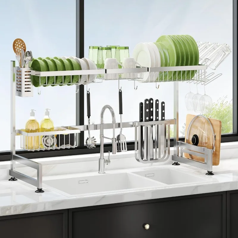 Over Sink Dish Drainer Drying Rack, 2-Tier Adjustable Length(33.5-40 in) Stainless Steel Dish Rack Over Sink