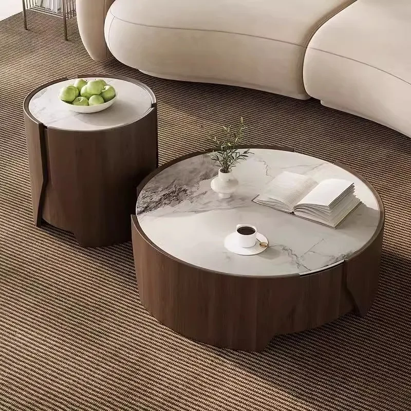 

Medieval style round combination coffee table rock slab walnut color living room home high-end light luxury minimalist