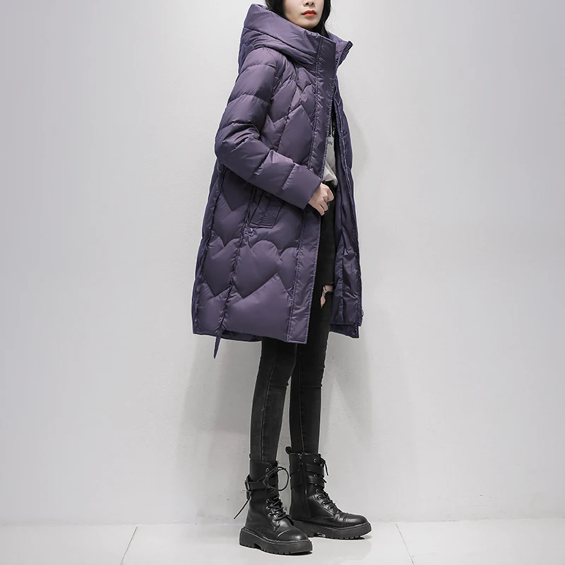 黒色の中長丈ダウンジャケット レディース 2026年冬新作 韓国版 90%ホワイトダックダウン ファッション フード付き 厚手パーカーコート