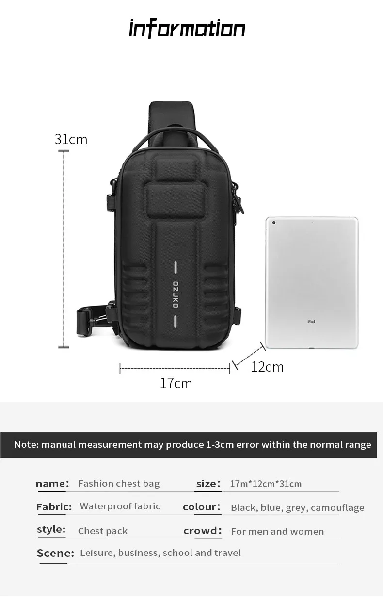 OZUKO Hard Shell Flex Bag Men Sports Shoulder Bag Multifunctional Large Capacity Waterproof High Quality Outdoor Tactical Bag