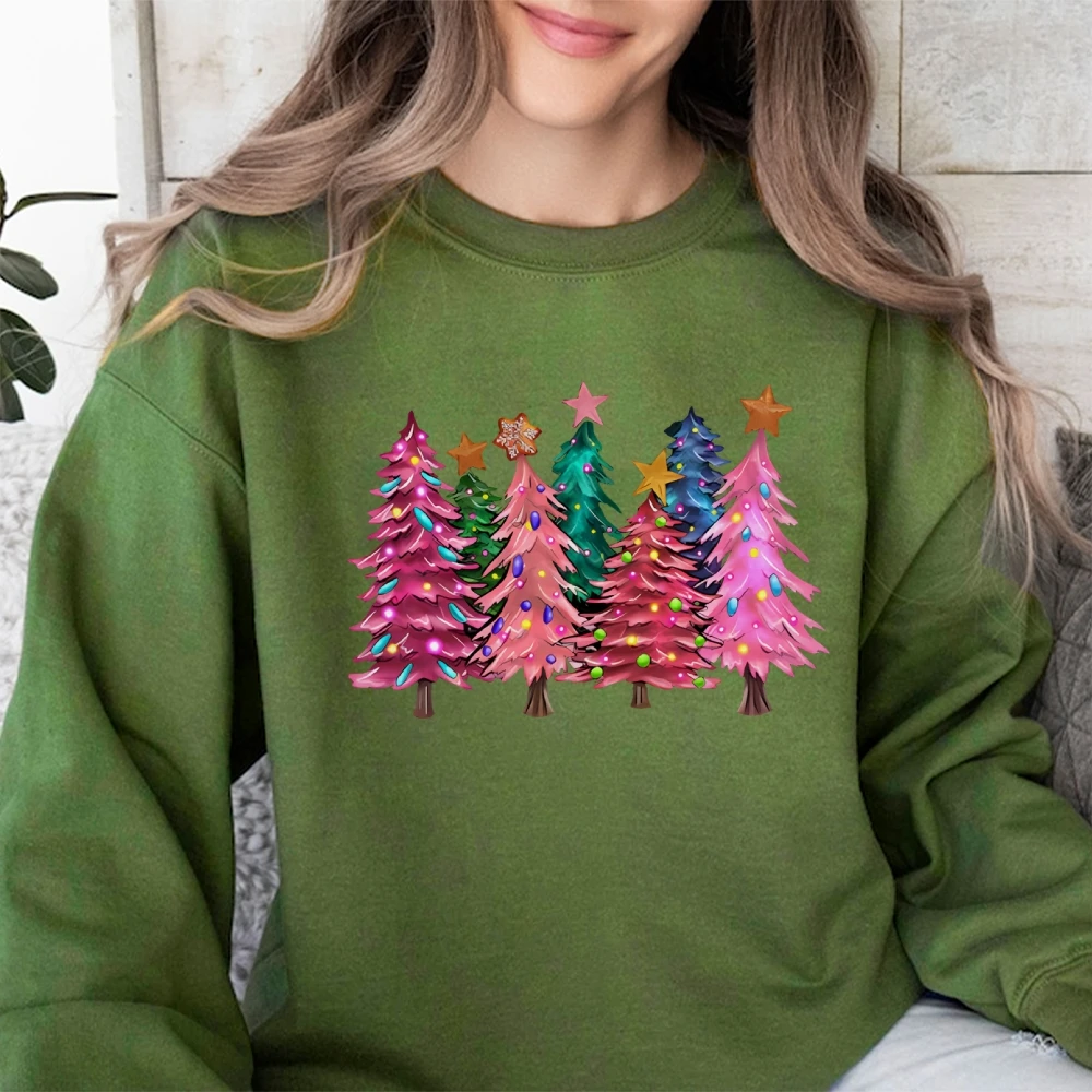 Maglione girocollo casual con grafica albero di Natale a colori 2024 Felpa calda morbida in cotone con maglione a maniche lunghe alla moda