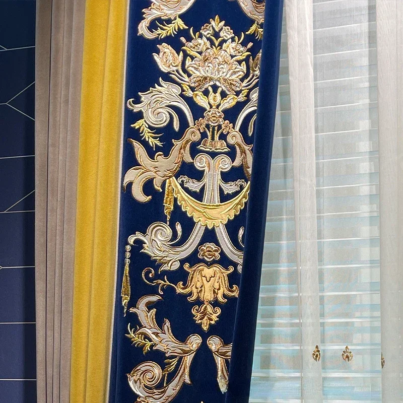 

European Customized Blue Embroidered Curtains For Living Room Bedroom Screen Velvet Splicing Thickened Villa French Window Decor