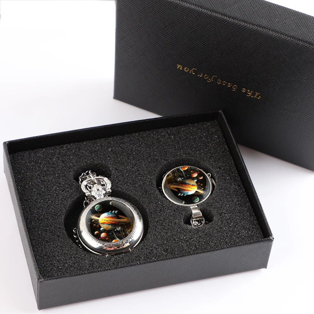 Delicate High Grade Pocket Watch Gift Set With Box Fantasy Planet Design Necklace Clock Accessories For Friends Family