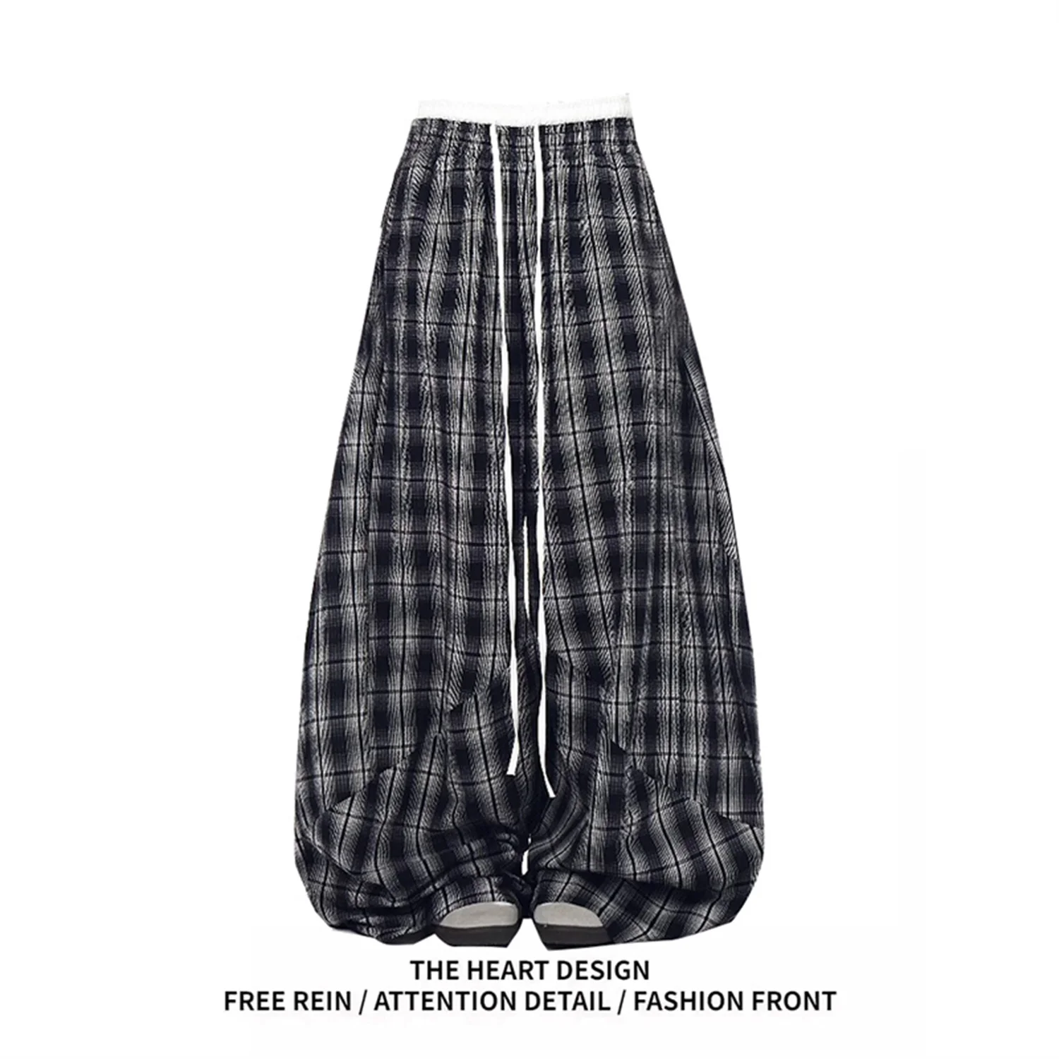 

Women's Y2K Plaid Baggy Wide Leg Pants Drawstring Waist Oversized Streetwear Casual Trousers