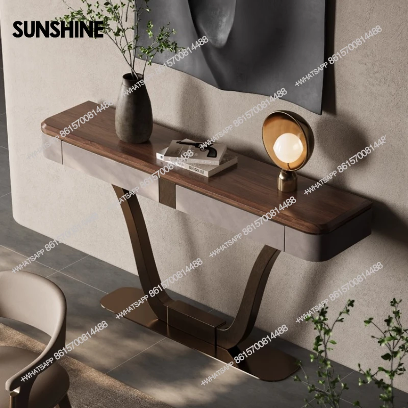 Modern light luxury,   entrance cabinet is facing the door with solid wood, and the end view table of the villa