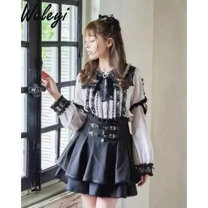 Camicia Jirai Kei Kawaii da donna top 2024 Summer Streetwear Sweet All Matching Mine maniche staccabili camicette Patchwork con fiocco in pizzo