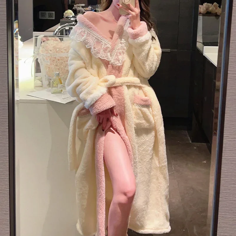 Winter Long Sleeve Thick Warm Flannel Kimono Robes for Women Korean Cute Coral Velvet Bathrobe Sleepwear Nightdress Night Dress