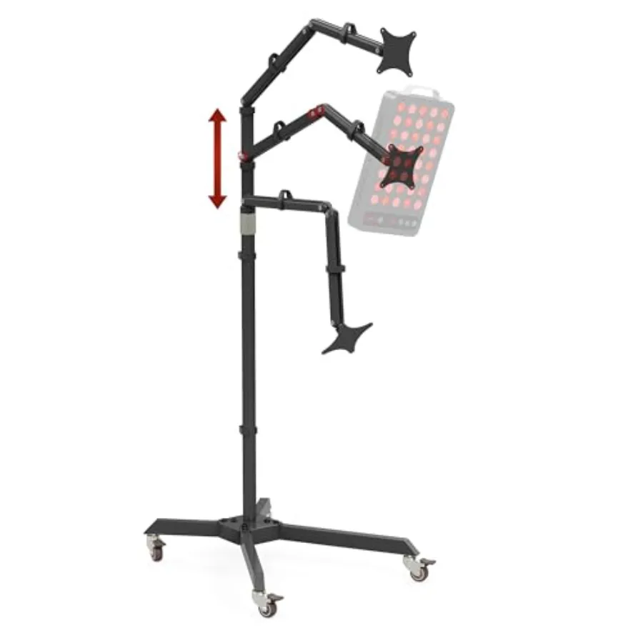 Mobile Floor Stand for Red Light Therapy Panels: Aluminum Red Adjustable Dual-Joint Arm with Anti-Tip Base Lockable Wheels VESA