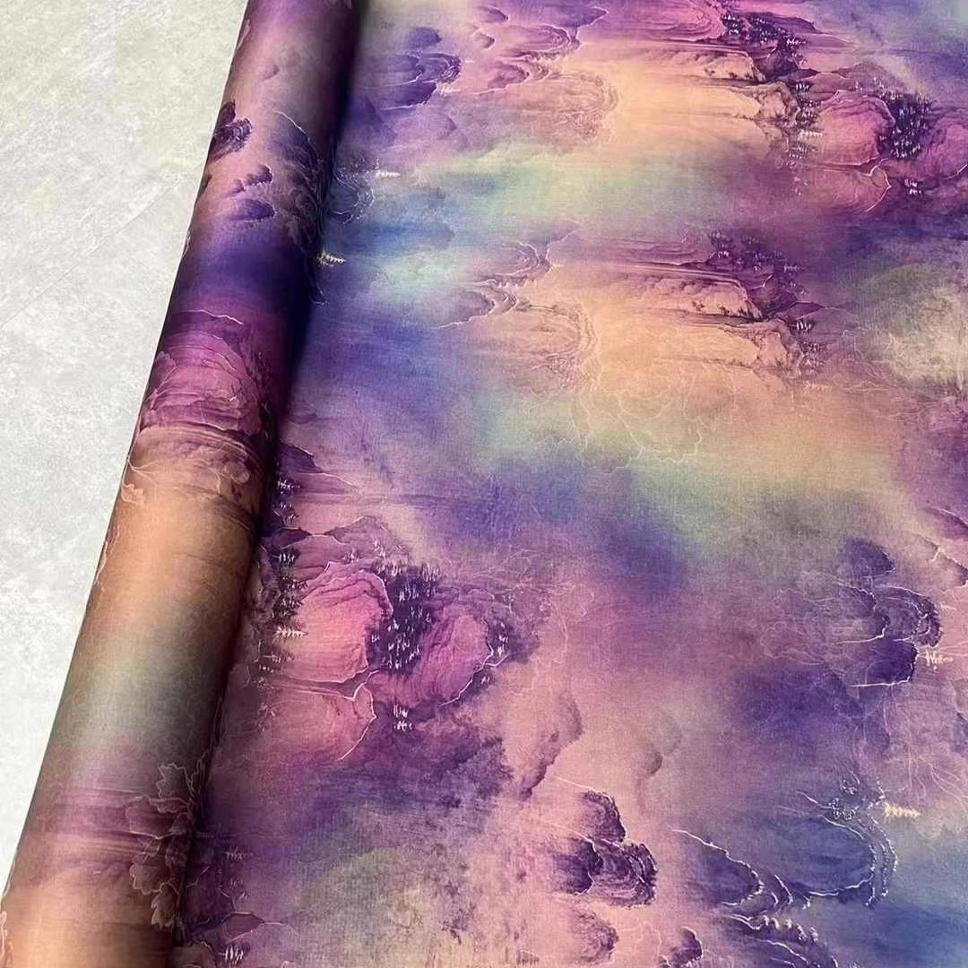 

Тяжелая шелковая ткань с принтом фиолетовых гор для шитья своими руками, летние весенние классические брюки, пижамный жилет, удобный материал R2439