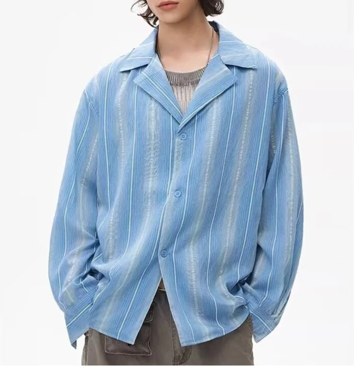 Spring and Summer 2026 New Vintage Cuban Collar Blue Striped Shirt Sunscreen Shirt