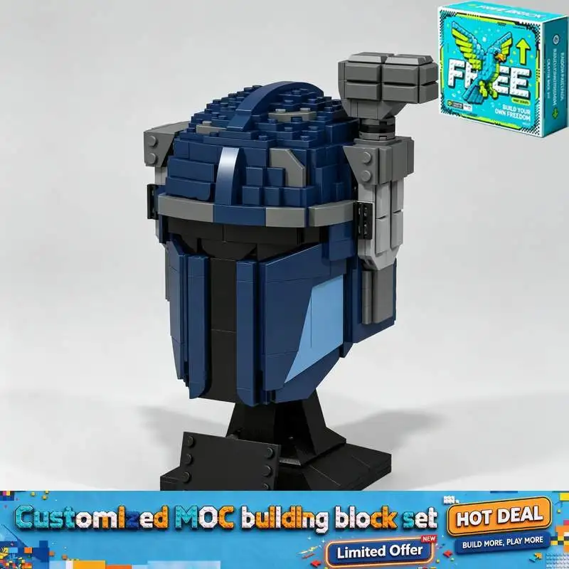 677PCS Blue Warrior Helmet Bust Model Custom Building Blocks Display Stand Collection Decor Creative Assembly Gift Birthday
