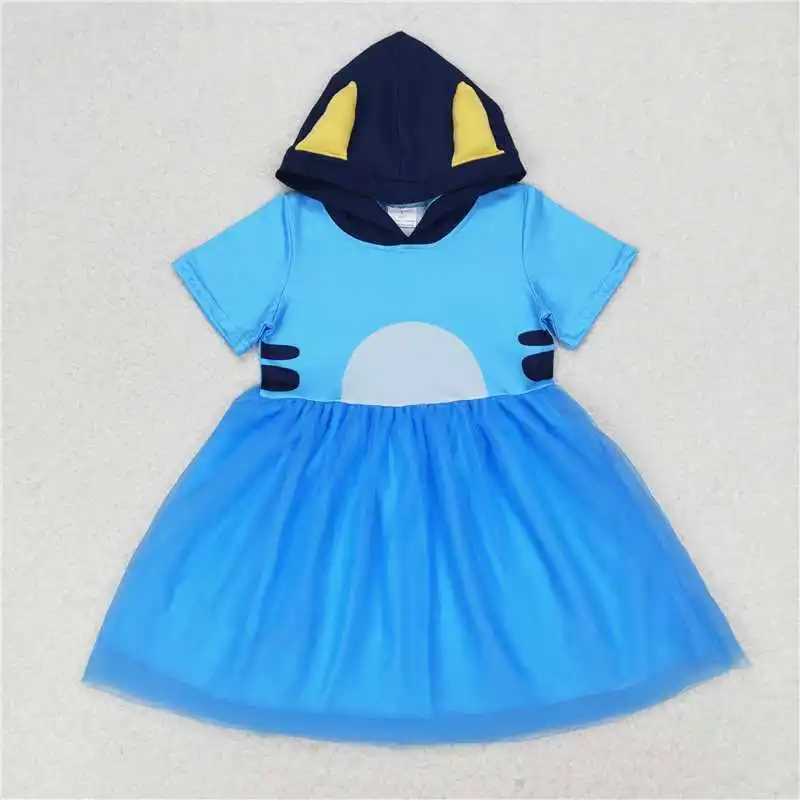 Fashion Summer Baby Girls Blue And Yellow Tulle Hooded Short-sleeved Dress Set Clothes RTS